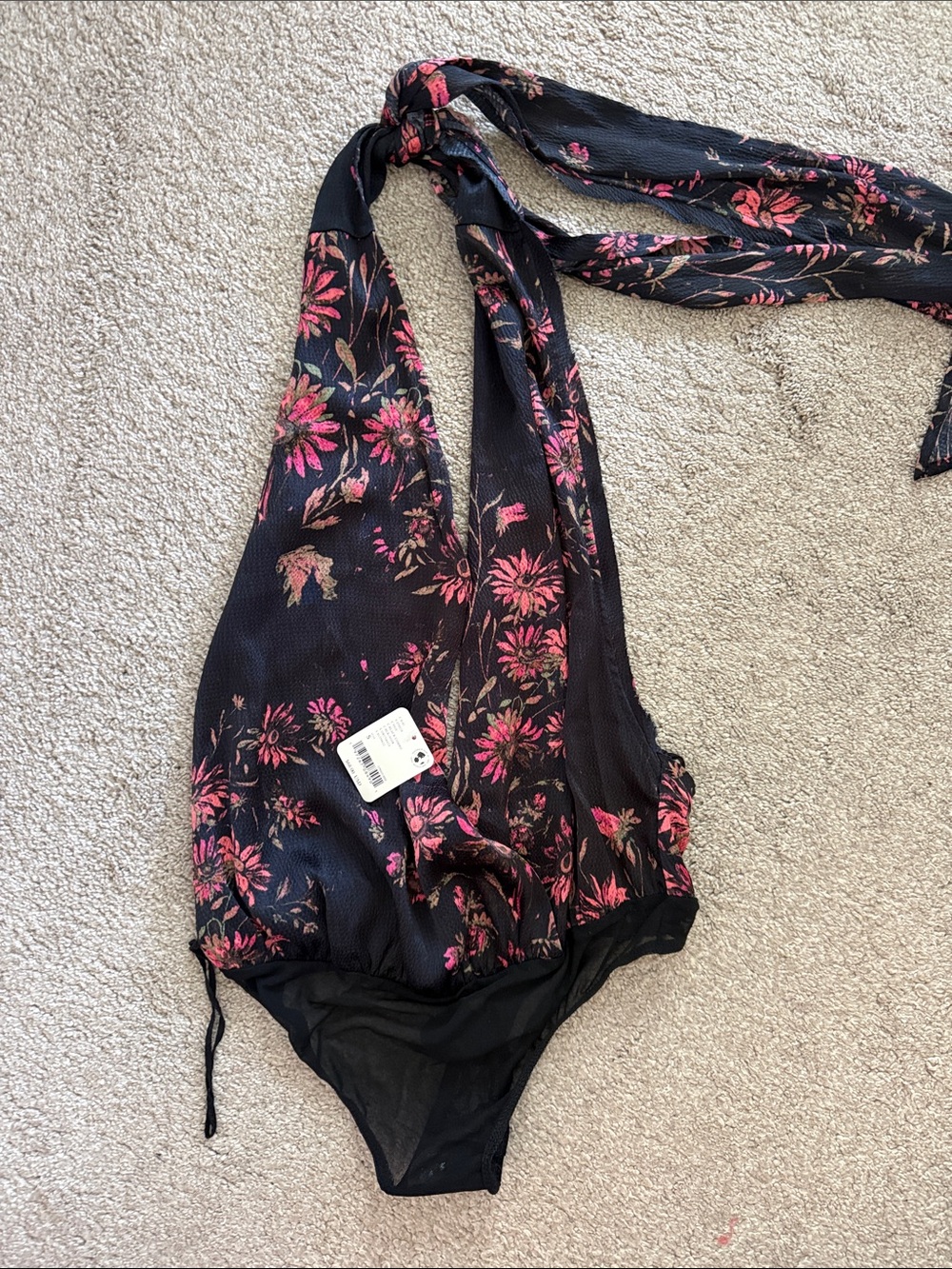 Women’s Floral Halter bodysuit - Black with Pink Floral